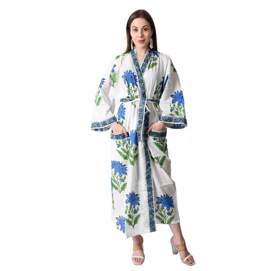 Handblock bedrucktes Sanganeri Jaipuri Florales Damen Kimonokleid Strandkleidung Schlafkleidung Gürtelkleid
