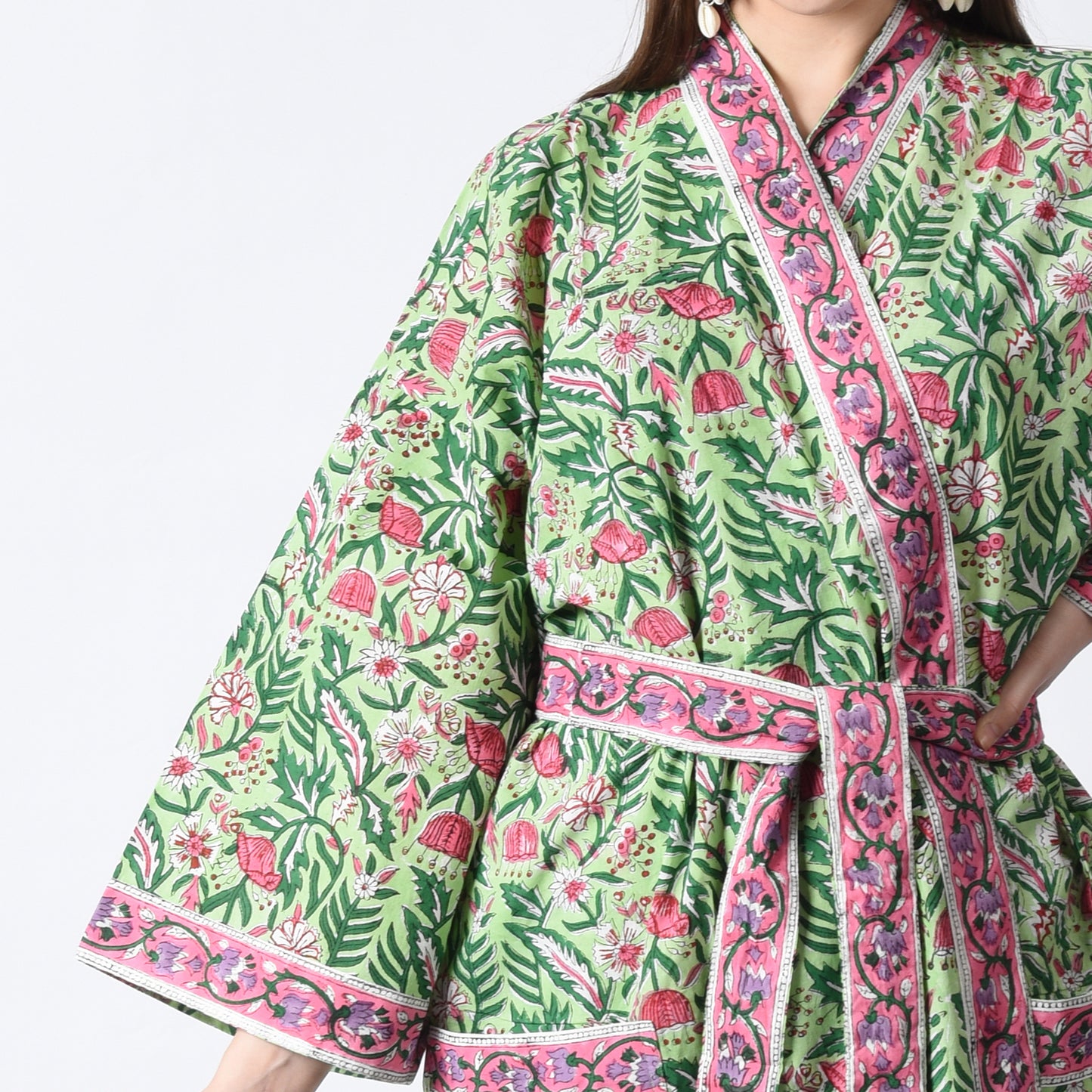 Handblock bedrucktes Sanganeri Jaipuri Florales Damen Kimonokleid Strandkleidung Schlafkleidung Gürtelkleid