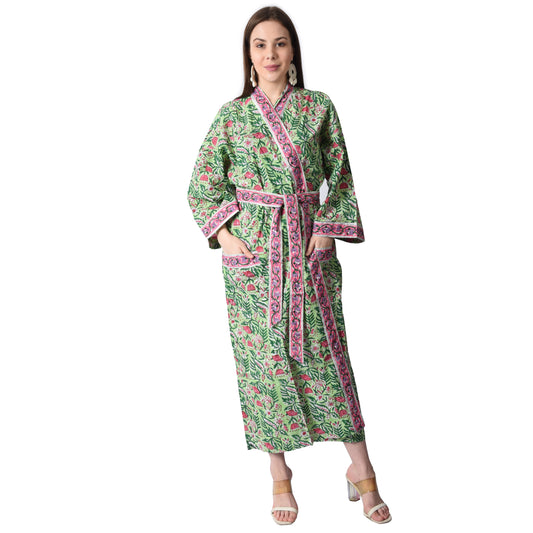 Handblock bedrucktes Sanganeri Jaipuri Florales Damen Kimonokleid Strandkleidung Schlafkleidung Gürtelkleid