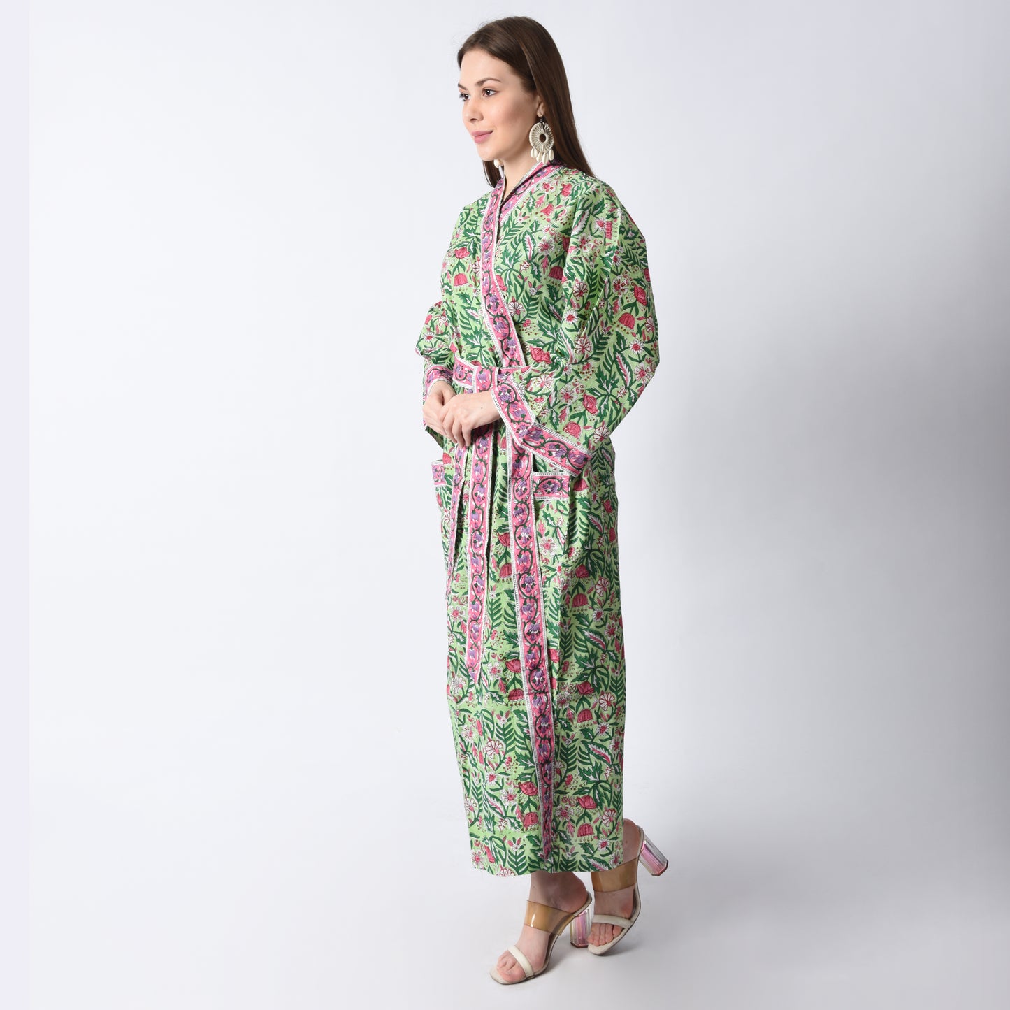 Handblock bedrucktes Sanganeri Jaipuri Florales Damen Kimonokleid Strandkleidung Schlafkleidung Gürtelkleid