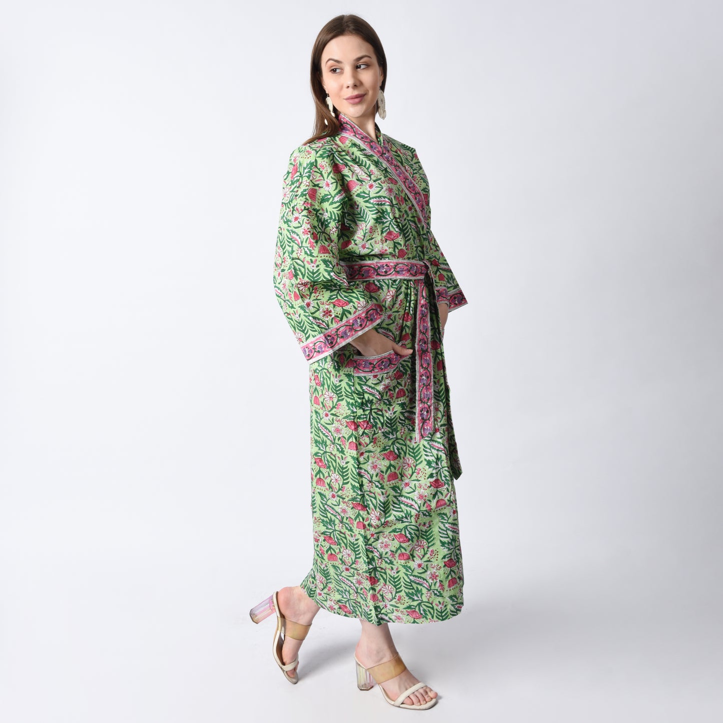 Handblock bedrucktes Sanganeri Jaipuri Florales Damen Kimonokleid Strandkleidung Schlafkleidung Gürtelkleid