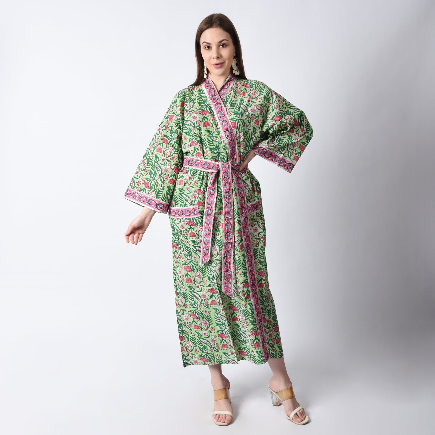 Handblock bedrucktes Sanganeri Jaipuri Florales Damen Kimonokleid Strandkleidung Schlafkleidung Gürtelkleid