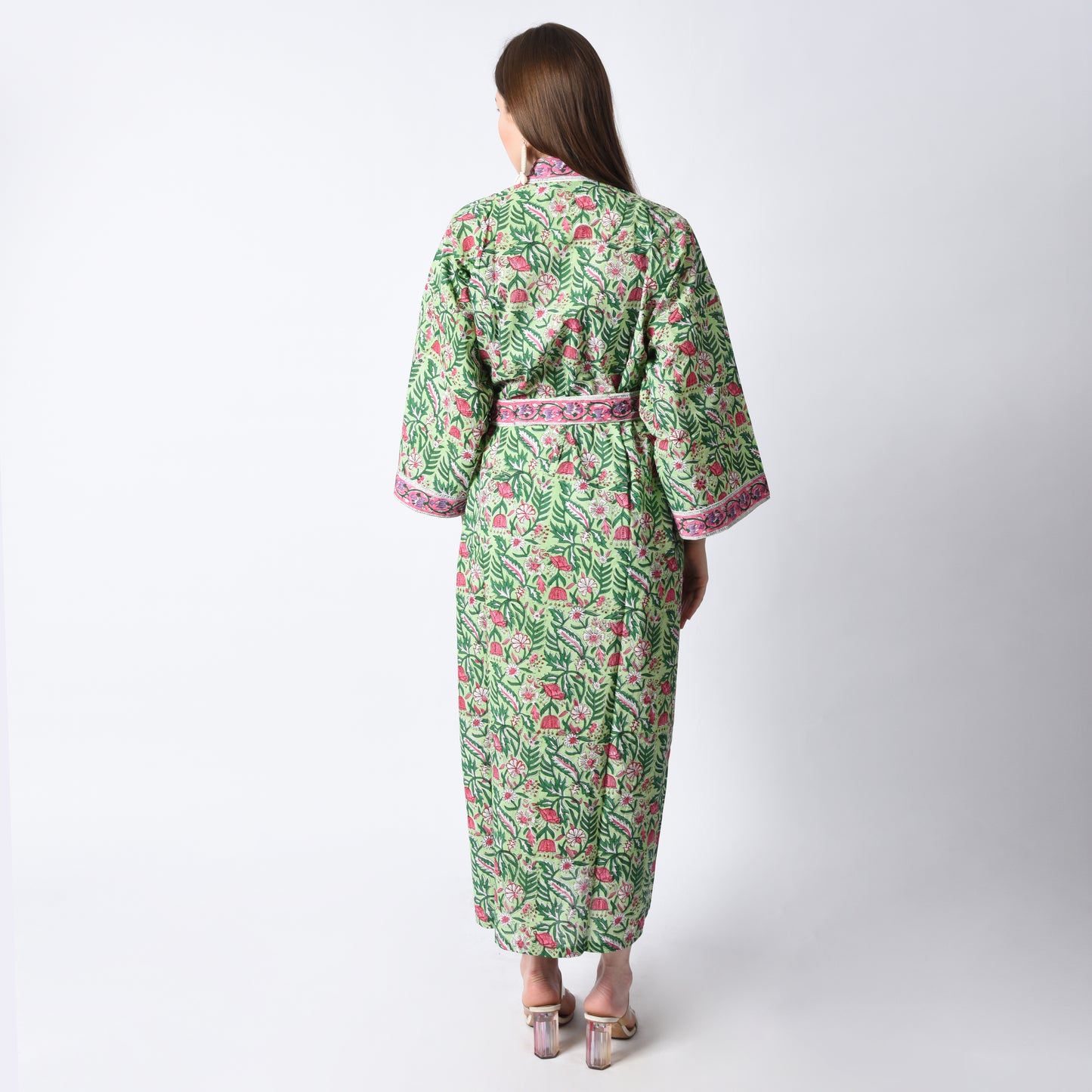 Handblock bedrucktes Sanganeri Jaipuri Florales Damen Kimonokleid Strandkleidung Schlafkleidung Gürtelkleid