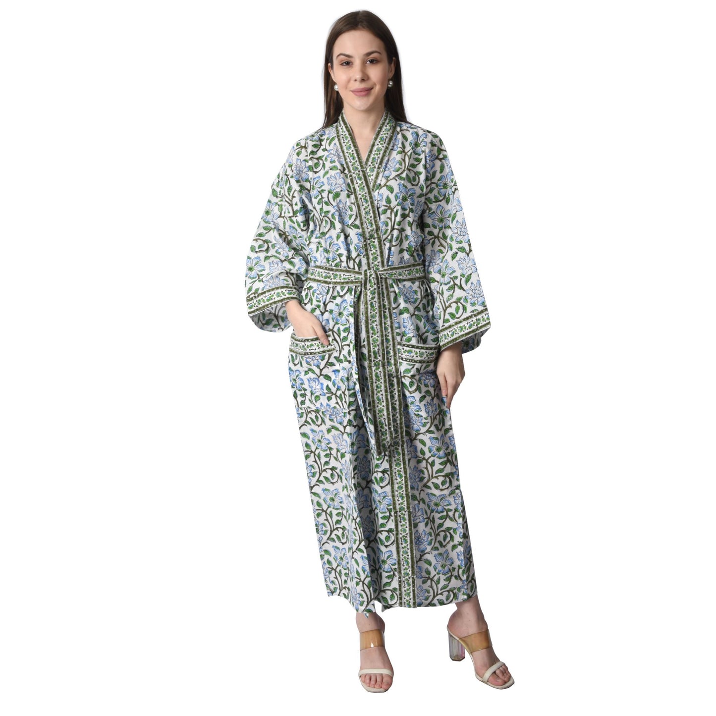 Handblock bedrucktes Sanganeri Jaipuri Florales Damen Kimonokleid Strandkleidung Schlafkleidung Gürtelkleid