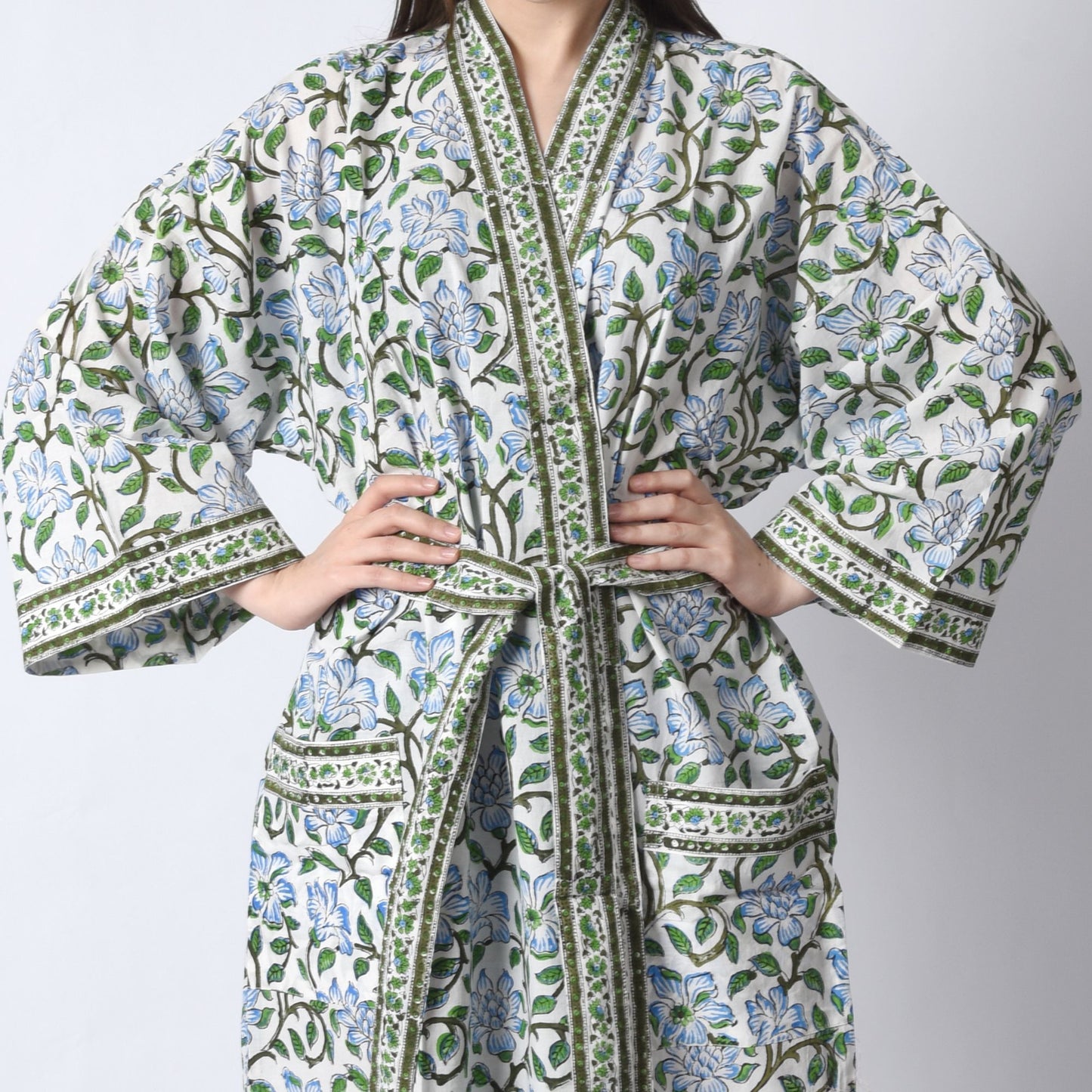 Handblock bedrucktes Sanganeri Jaipuri Florales Damen Kimonokleid Strandkleidung Schlafkleidung Gürtelkleid