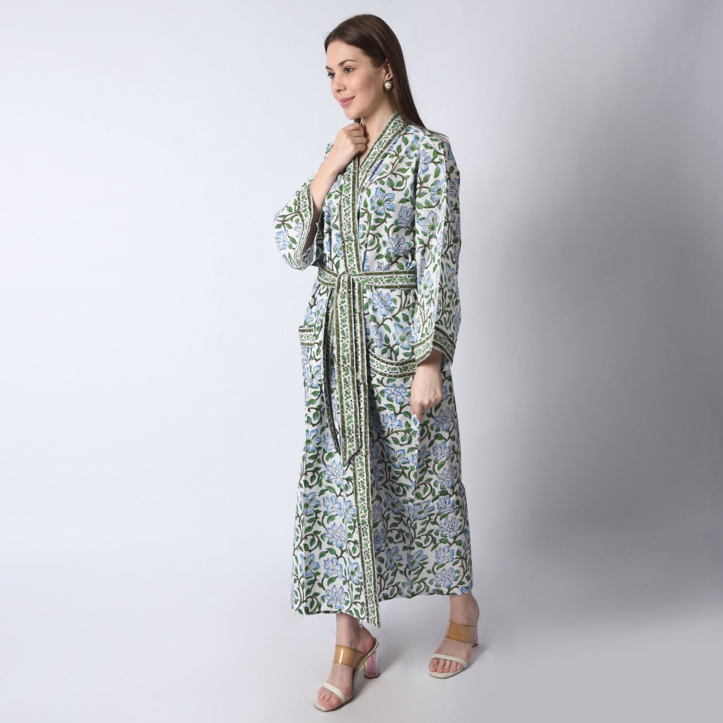 Handblock bedrucktes Sanganeri Jaipuri Florales Damen Kimonokleid Strandkleidung Schlafkleidung Gürtelkleid