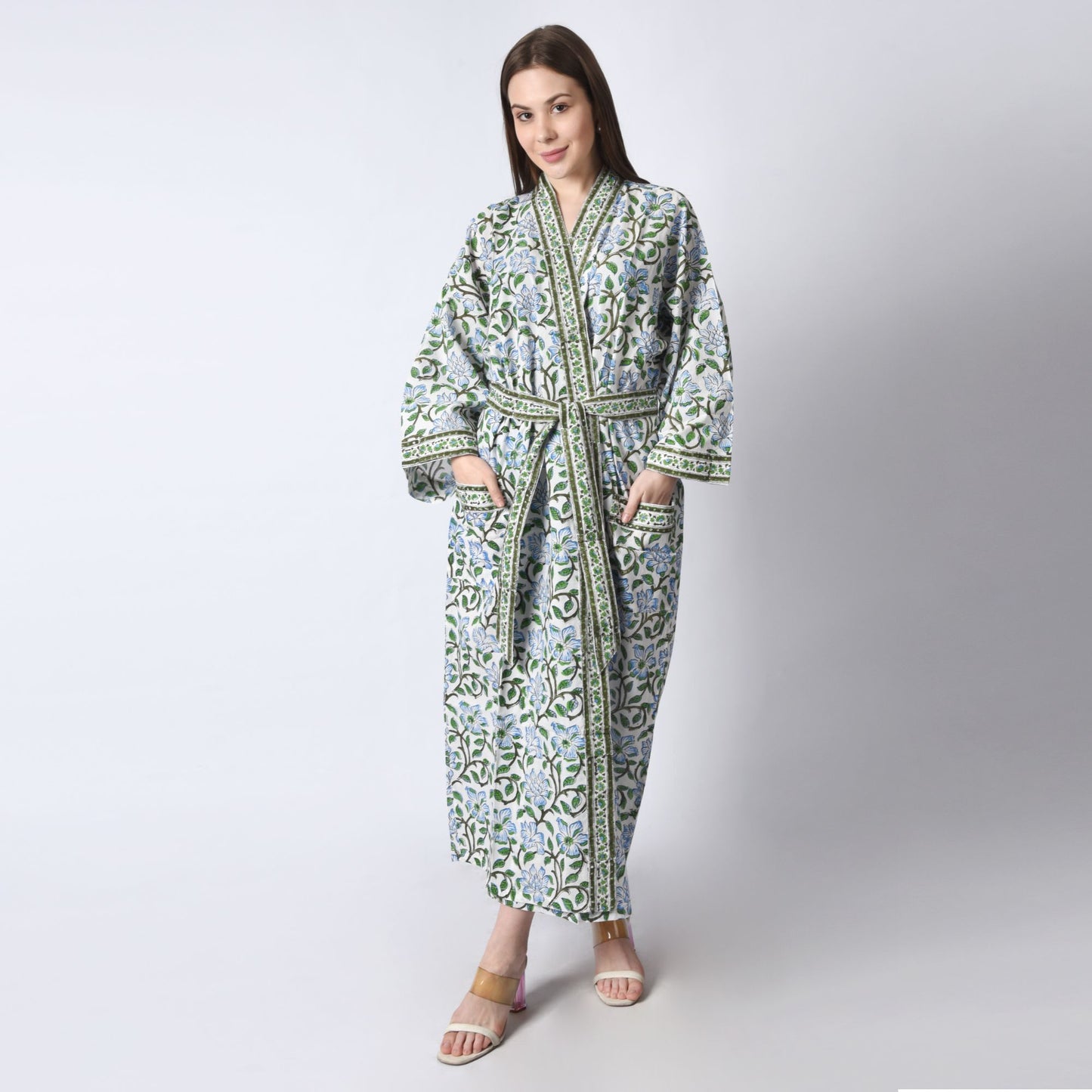 Handblock bedrucktes Sanganeri Jaipuri Florales Damen Kimonokleid Strandkleidung Schlafkleidung Gürtelkleid