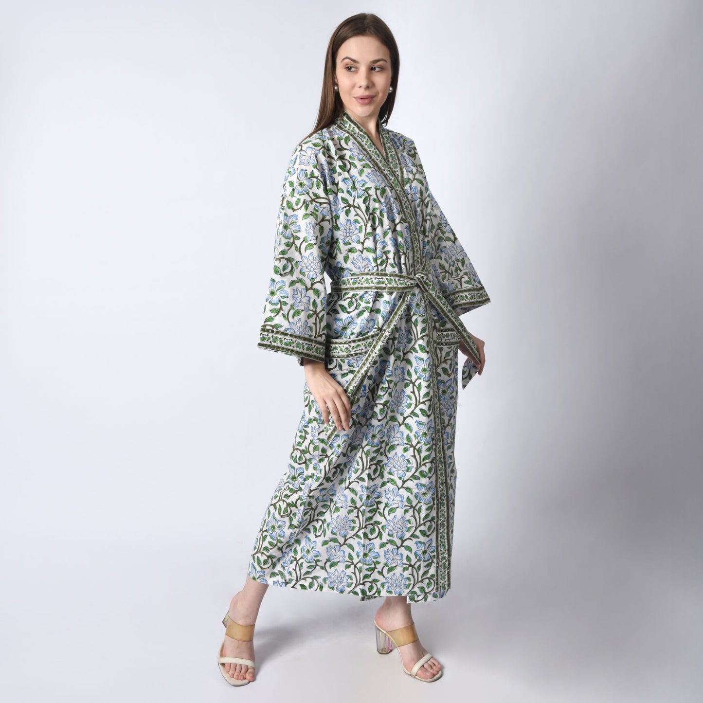 Handblock bedrucktes Sanganeri Jaipuri Florales Damen Kimonokleid Strandkleidung Schlafkleidung Gürtelkleid