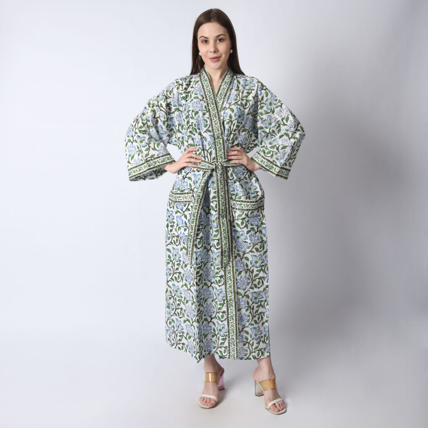 Handblock bedrucktes Sanganeri Jaipuri Florales Damen Kimonokleid Strandkleidung Schlafkleidung Gürtelkleid