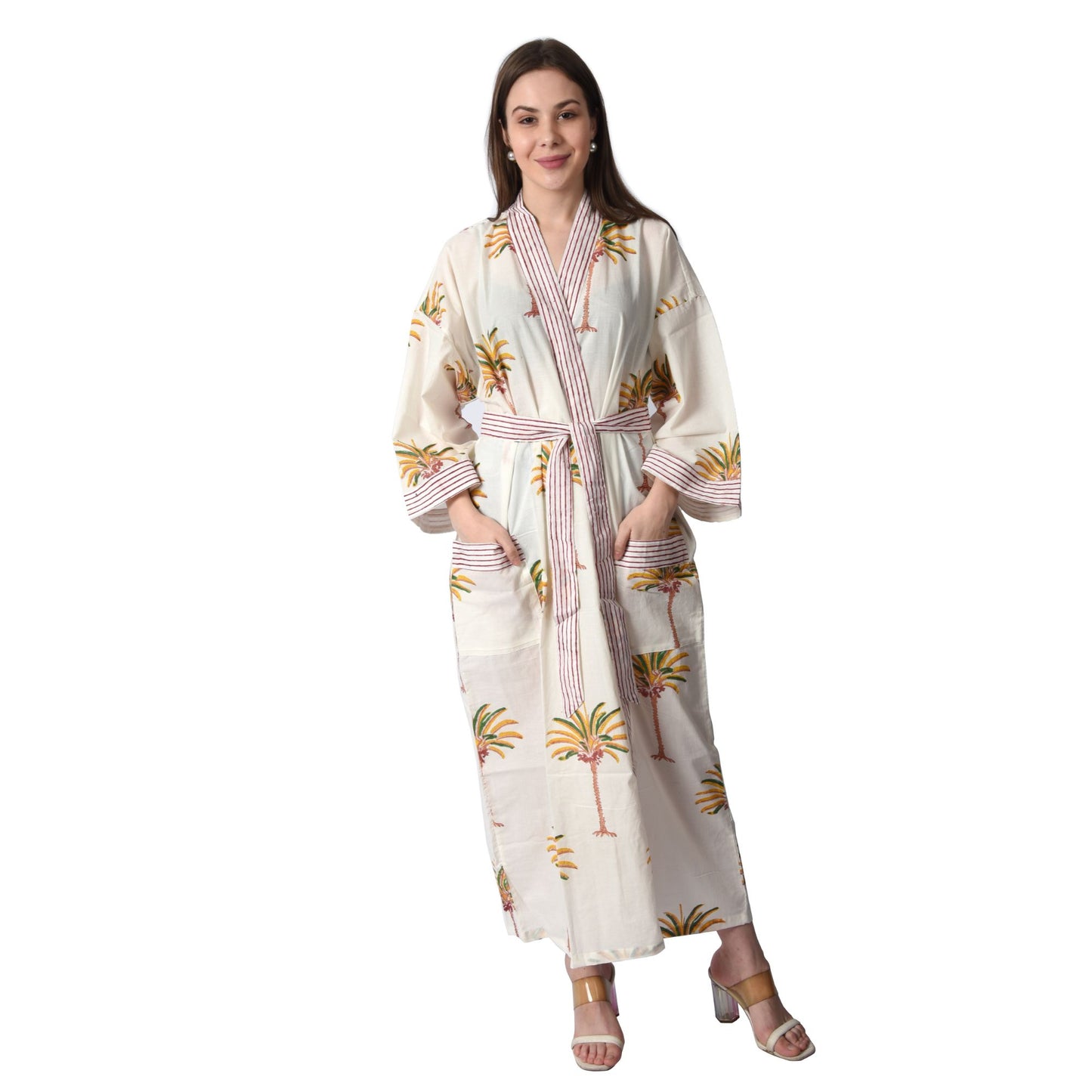 Handblock bedrucktes Sanganeri Jaipuri Florales Damen Kimonokleid Strandkleidung Schlafkleidung Gürtelkleid