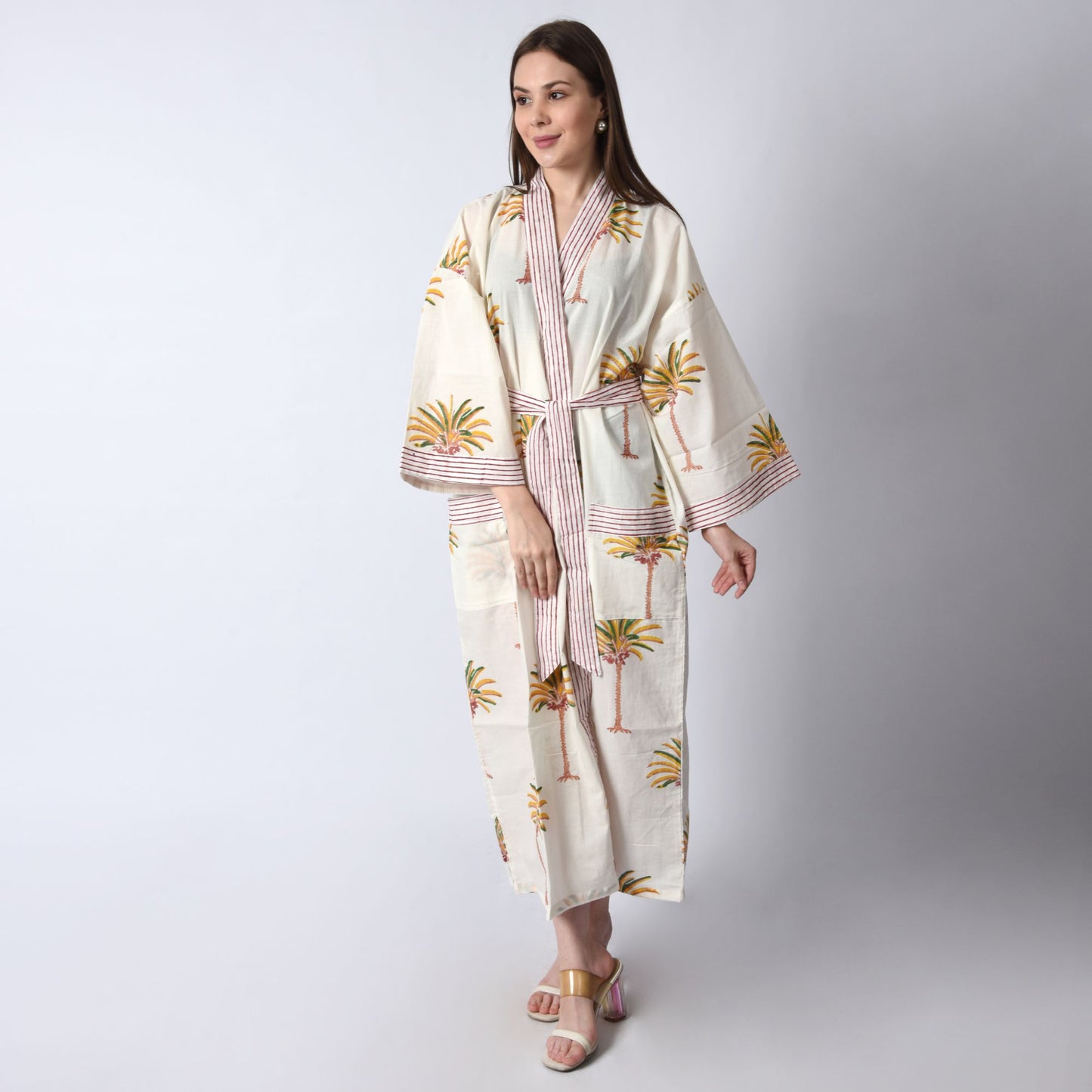 Handblock bedrucktes Sanganeri Jaipuri Florales Damen Kimonokleid Strandkleidung Schlafkleidung Gürtelkleid
