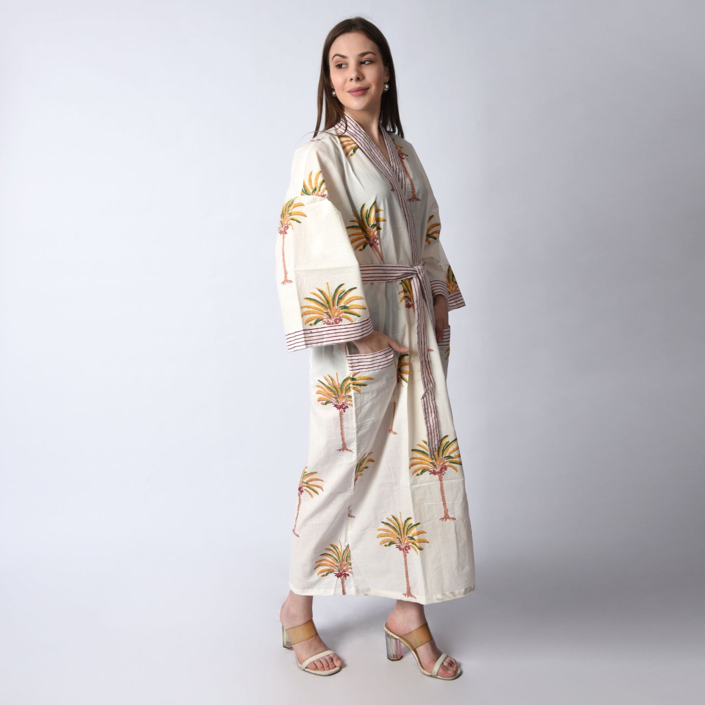 Handblock bedrucktes Sanganeri Jaipuri Florales Damen Kimonokleid Strandkleidung Schlafkleidung Gürtelkleid