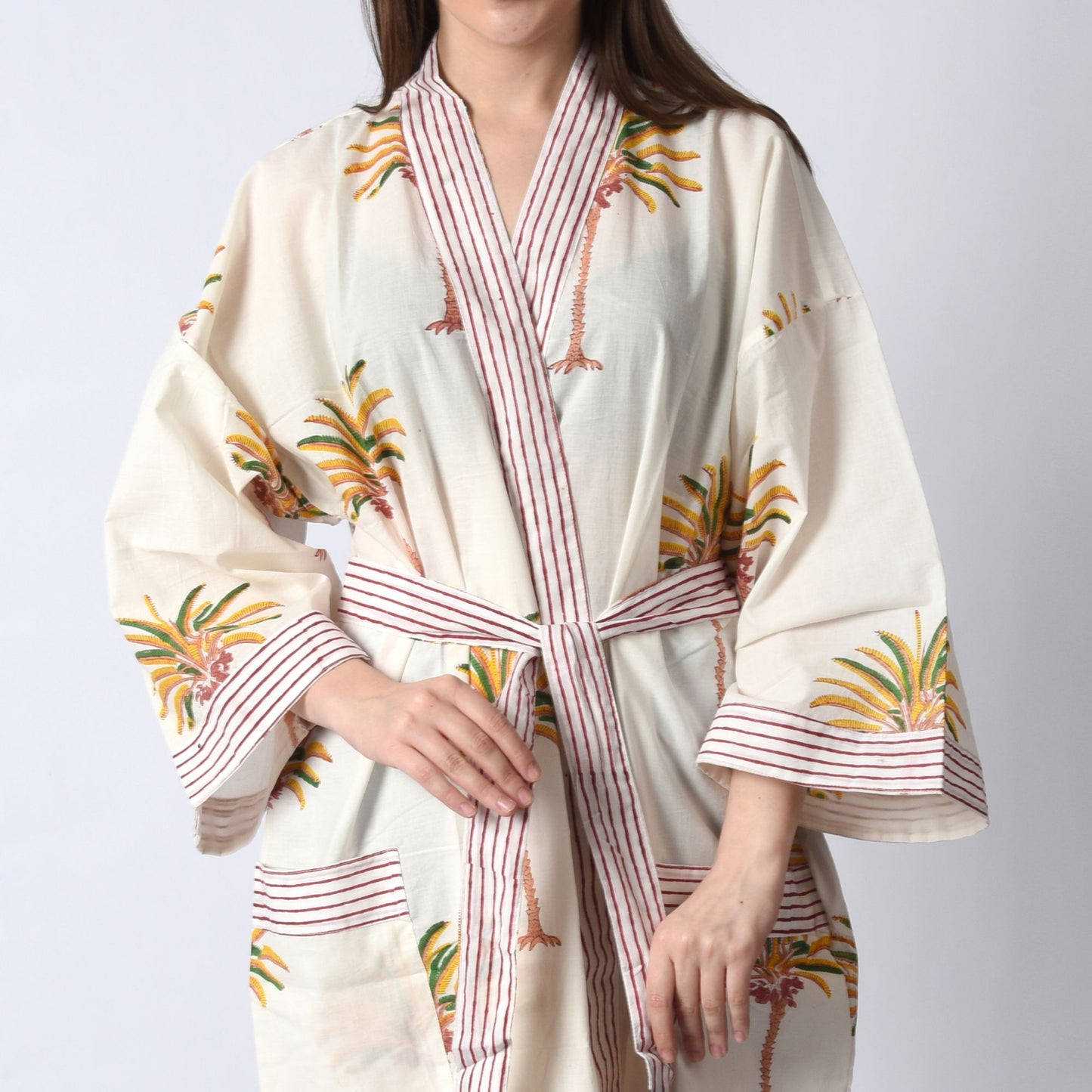 Handblock bedrucktes Sanganeri Jaipuri Florales Damen Kimonokleid Strandkleidung Schlafkleidung Gürtelkleid