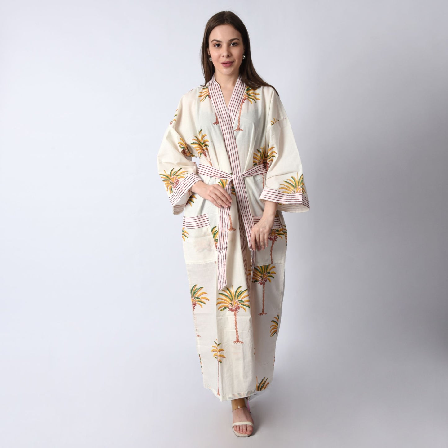 Handblock bedrucktes Sanganeri Jaipuri Florales Damen Kimonokleid Strandkleidung Schlafkleidung Gürtelkleid