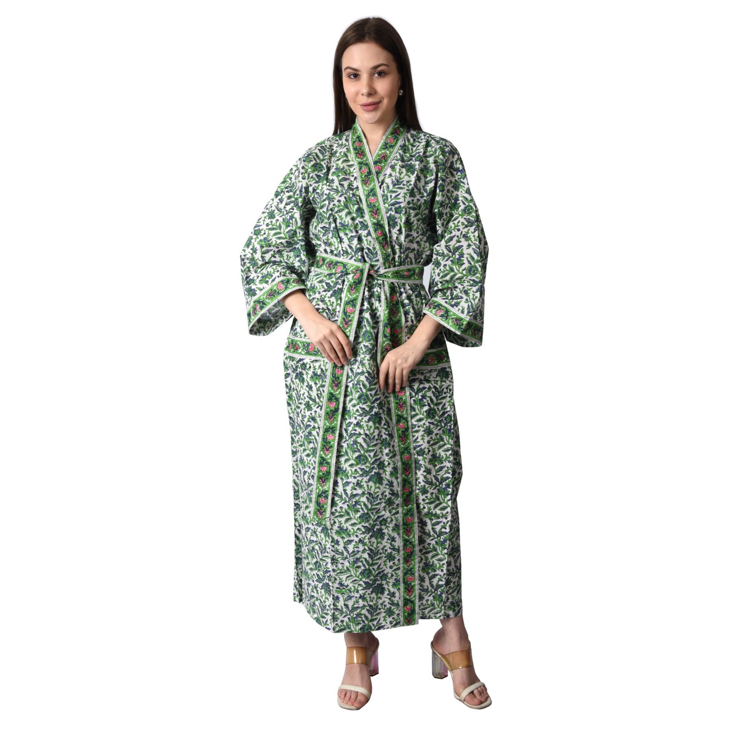 Handblock bedrucktes Sanganeri Jaipuri Florales Damen Kimonokleid Strandkleidung Schlafkleidung Gürtelkleid