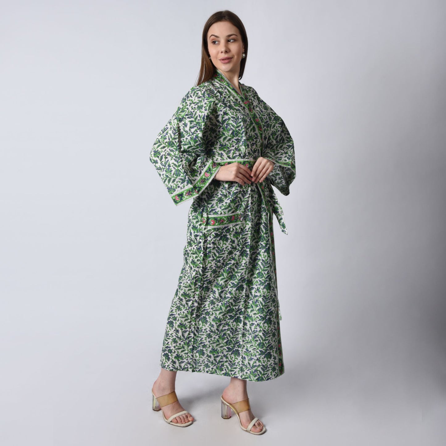 Handblock bedrucktes Sanganeri Jaipuri Florales Damen Kimonokleid Strandkleidung Schlafkleidung Gürtelkleid