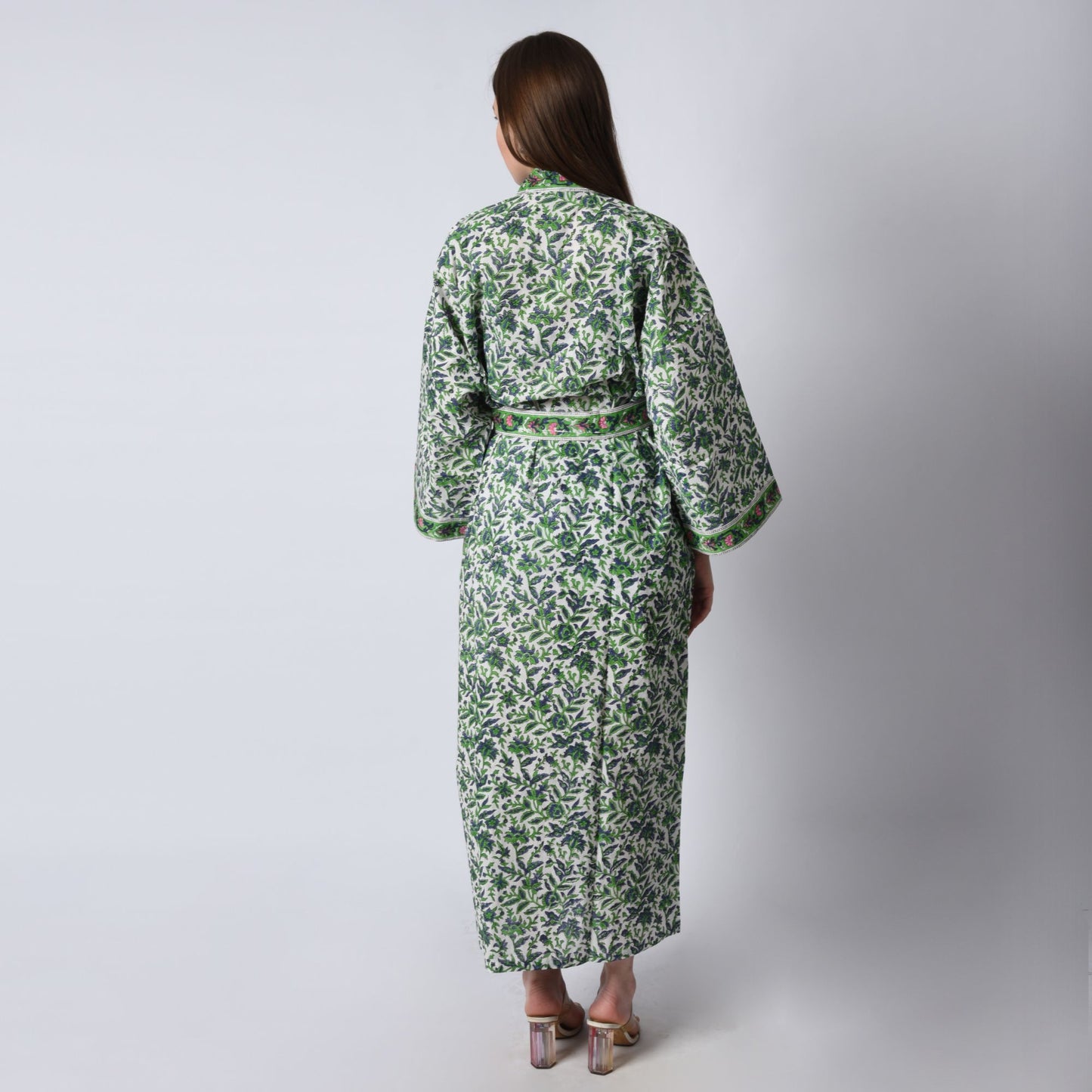 Handblock bedrucktes Sanganeri Jaipuri Florales Damen Kimonokleid Strandkleidung Schlafkleidung Gürtelkleid