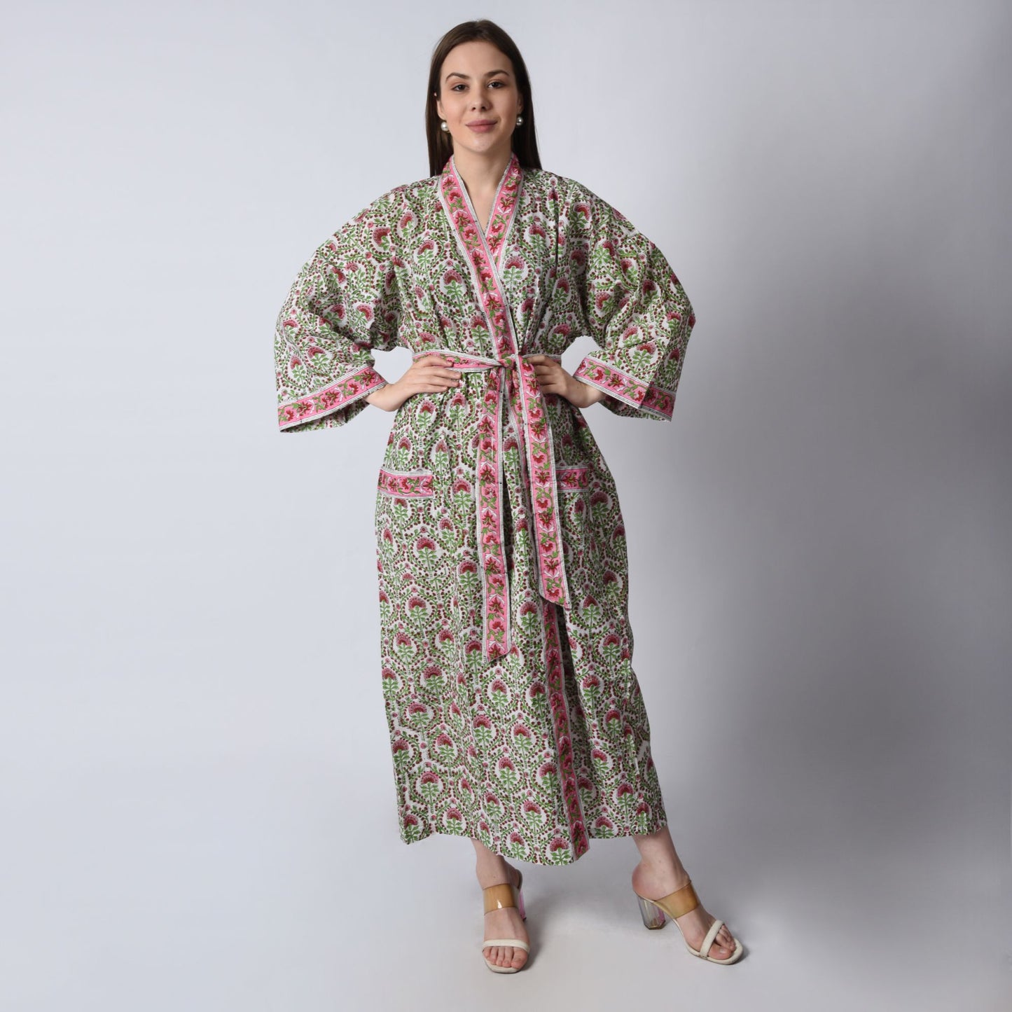 Handblock bedrucktes Sanganeri Jaipuri Florales Damen Kimonokleid Strandkleidung Schlafkleidung Gürtelkleid