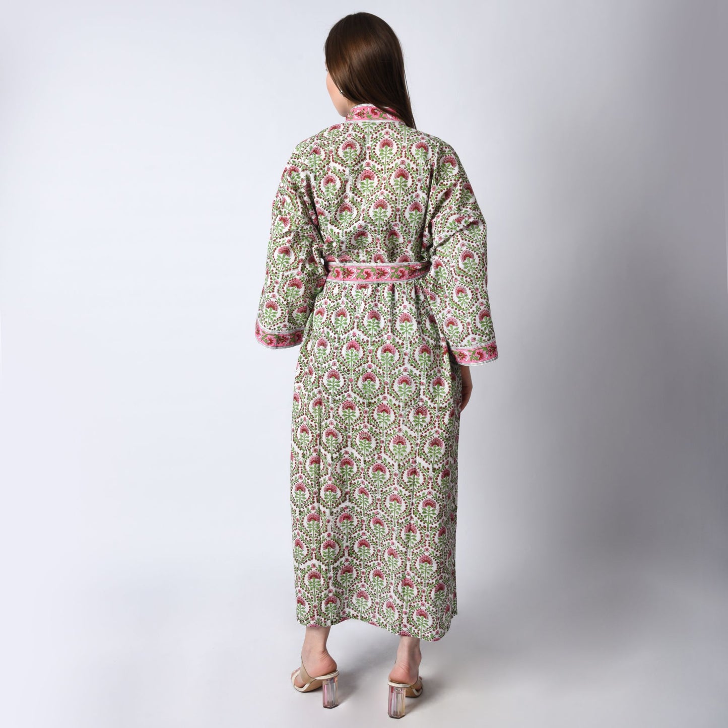 Handblock bedrucktes Sanganeri Jaipuri Florales Damen Kimonokleid Strandkleidung Schlafkleidung Gürtelkleid