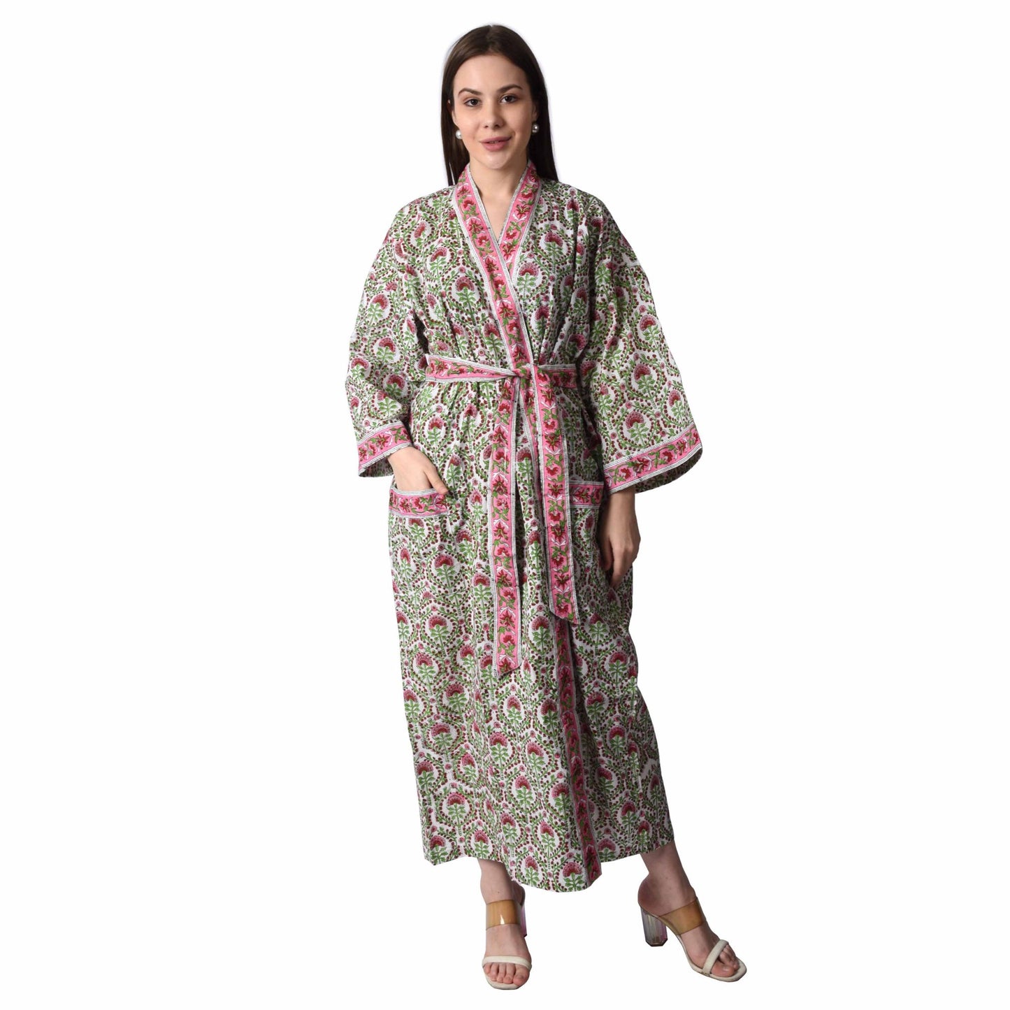 Handblock bedrucktes Sanganeri Jaipuri Florales Damen Kimonokleid Strandkleidung Schlafkleidung Gürtelkleid