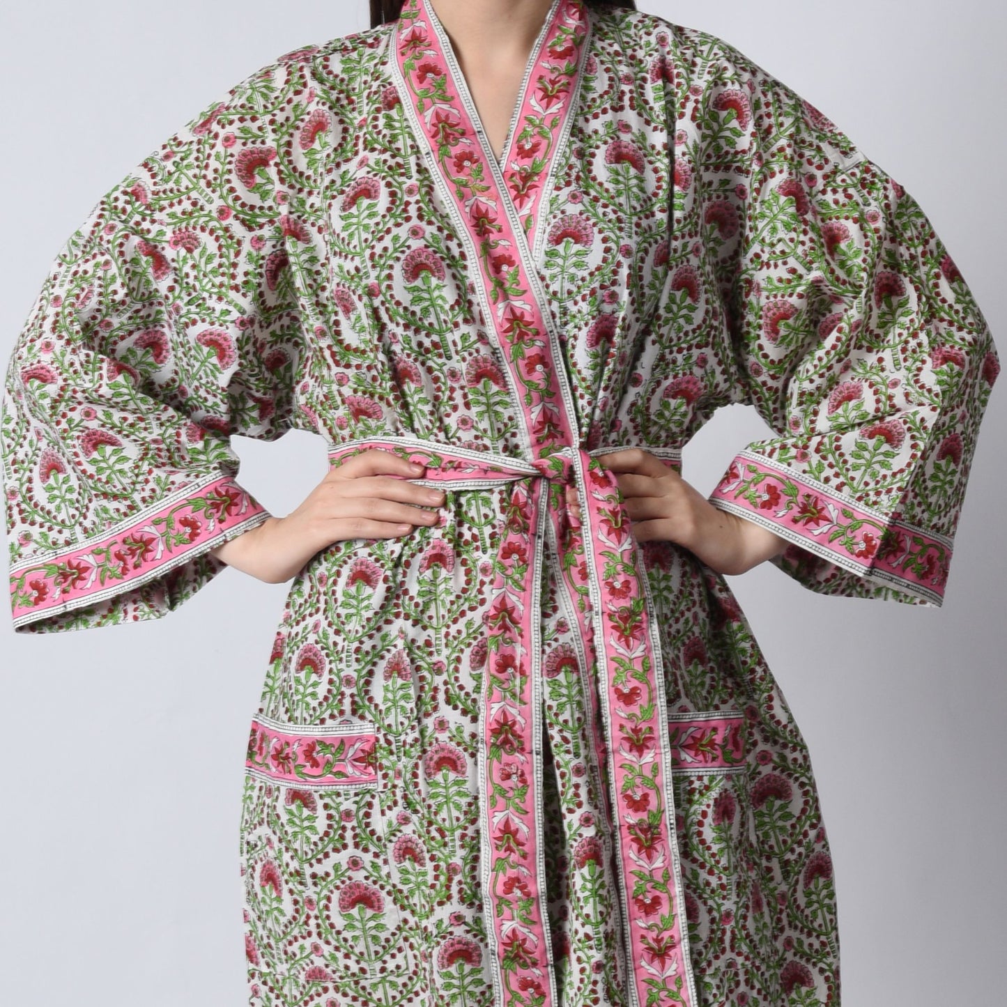 Handblock bedrucktes Sanganeri Jaipuri Florales Damen Kimonokleid Strandkleidung Schlafkleidung Gürtelkleid