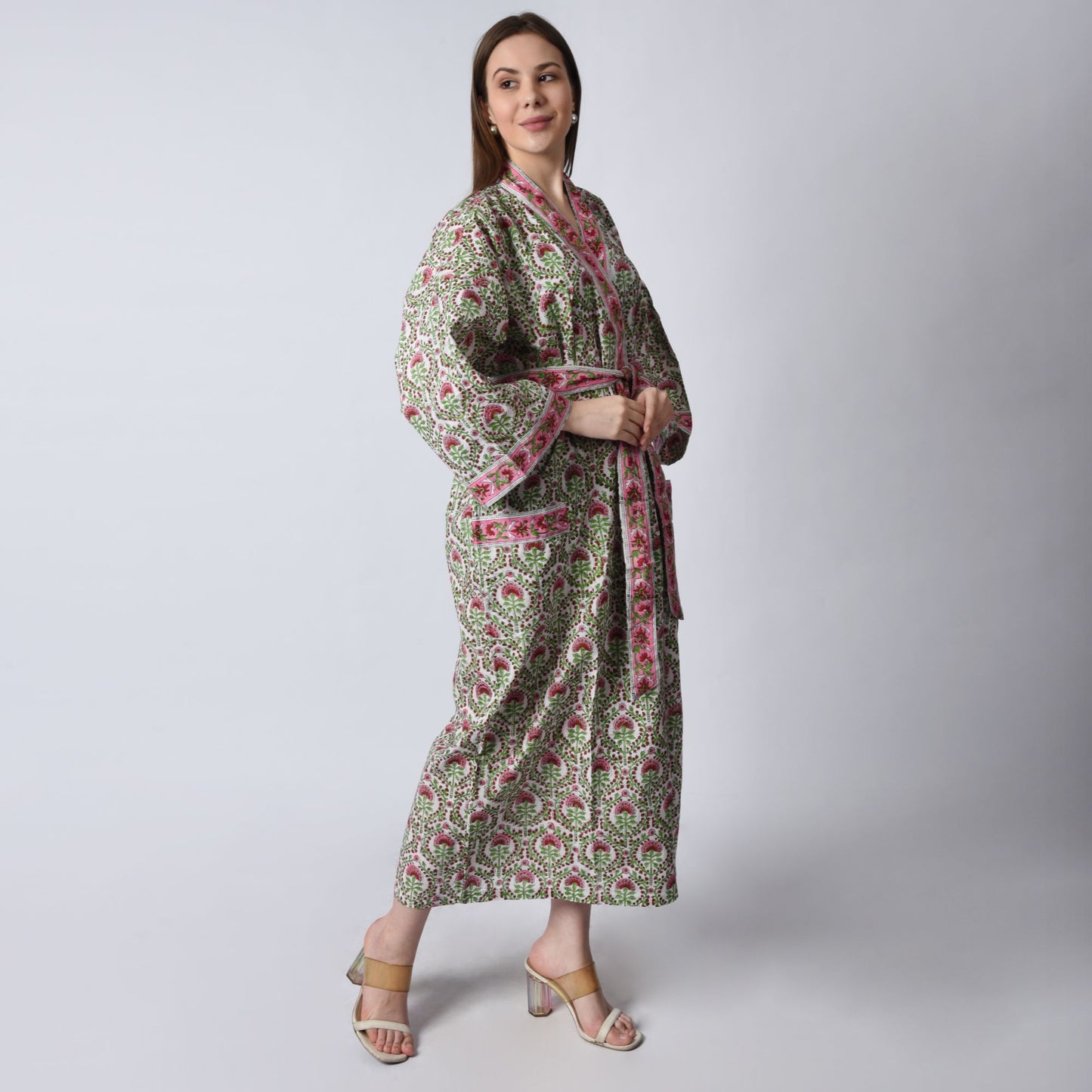 Handblock bedrucktes Sanganeri Jaipuri Florales Damen Kimonokleid Strandkleidung Schlafkleidung Gürtelkleid
