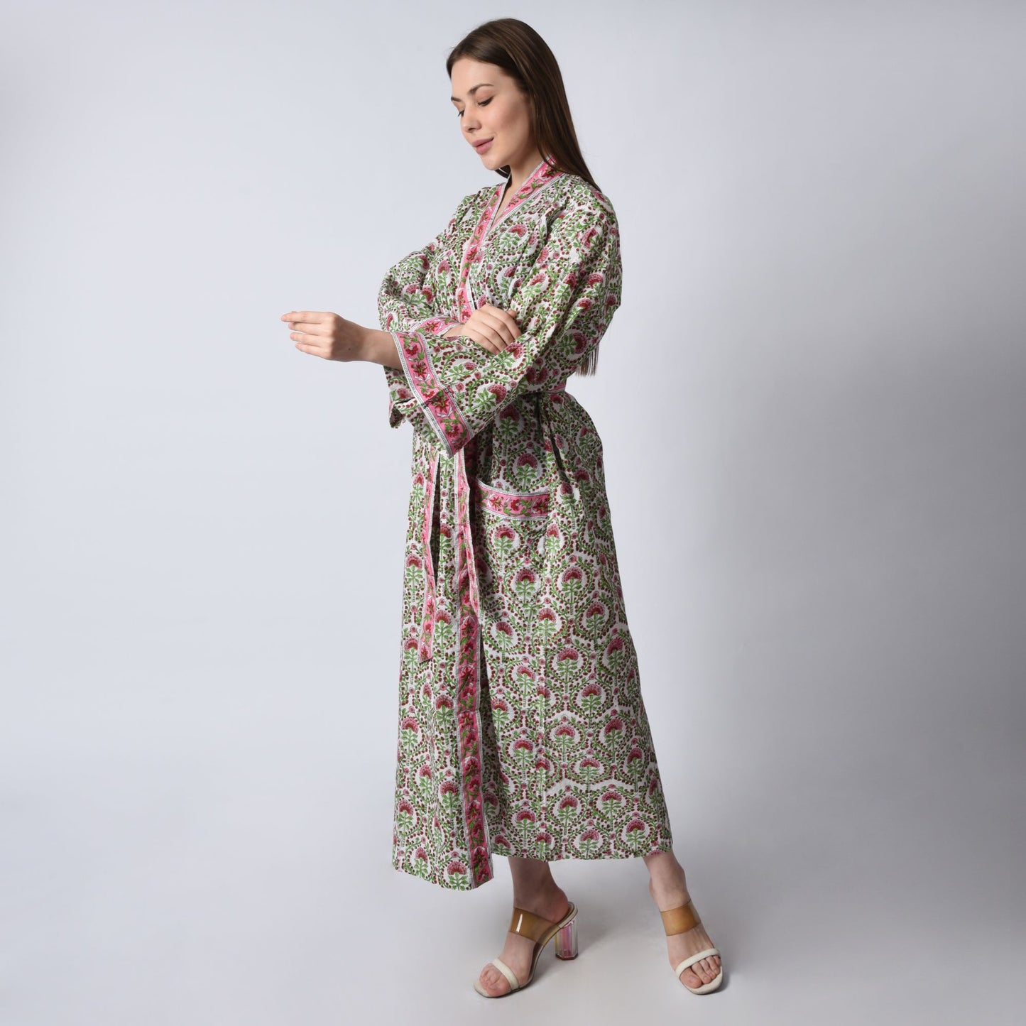 Handblock bedrucktes Sanganeri Jaipuri Florales Damen Kimonokleid Strandkleidung Schlafkleidung Gürtelkleid
