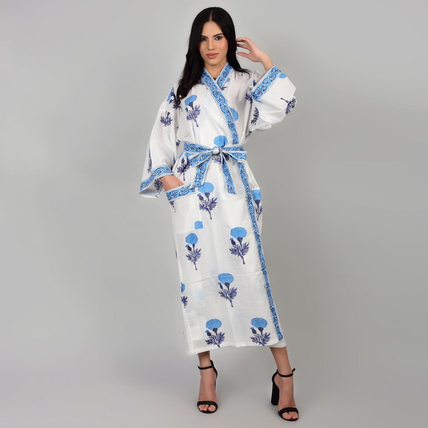 Handblock bedrucktes Sanganeri Jaipuri Florales Damen Kimonokleid Strandkleidung Schlafkleidung Gürtelkleid