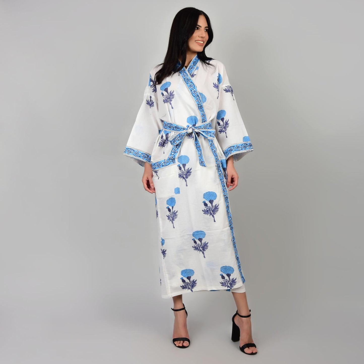 Handblock bedrucktes Sanganeri Jaipuri Florales Damen Kimonokleid Strandkleidung Schlafkleidung Gürtelkleid