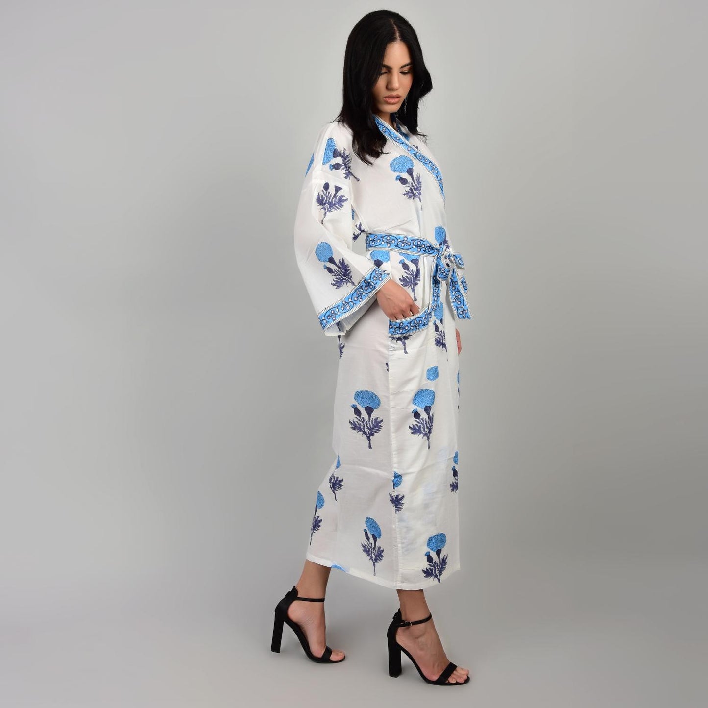 Handblock bedrucktes Sanganeri Jaipuri Florales Damen Kimonokleid Strandkleidung Schlafkleidung Gürtelkleid