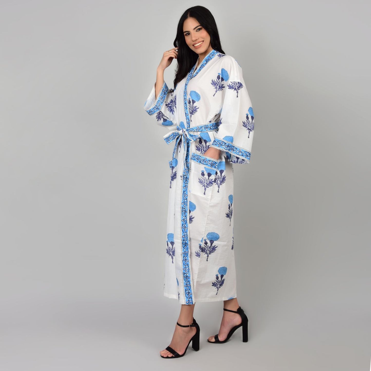Handblock bedrucktes Sanganeri Jaipuri Florales Damen Kimonokleid Strandkleidung Schlafkleidung Gürtelkleid