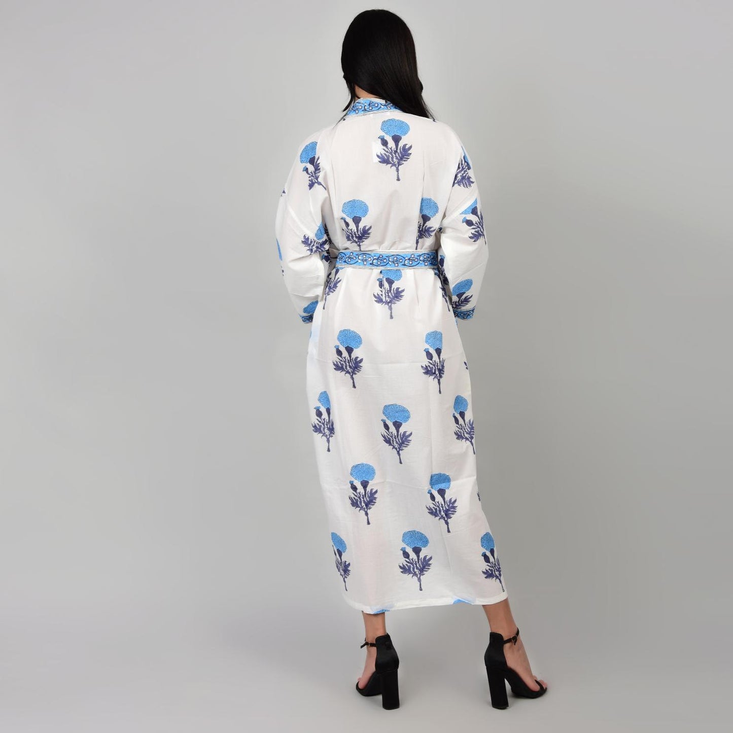 Handblock bedrucktes Sanganeri Jaipuri Florales Damen Kimonokleid Strandkleidung Schlafkleidung Gürtelkleid