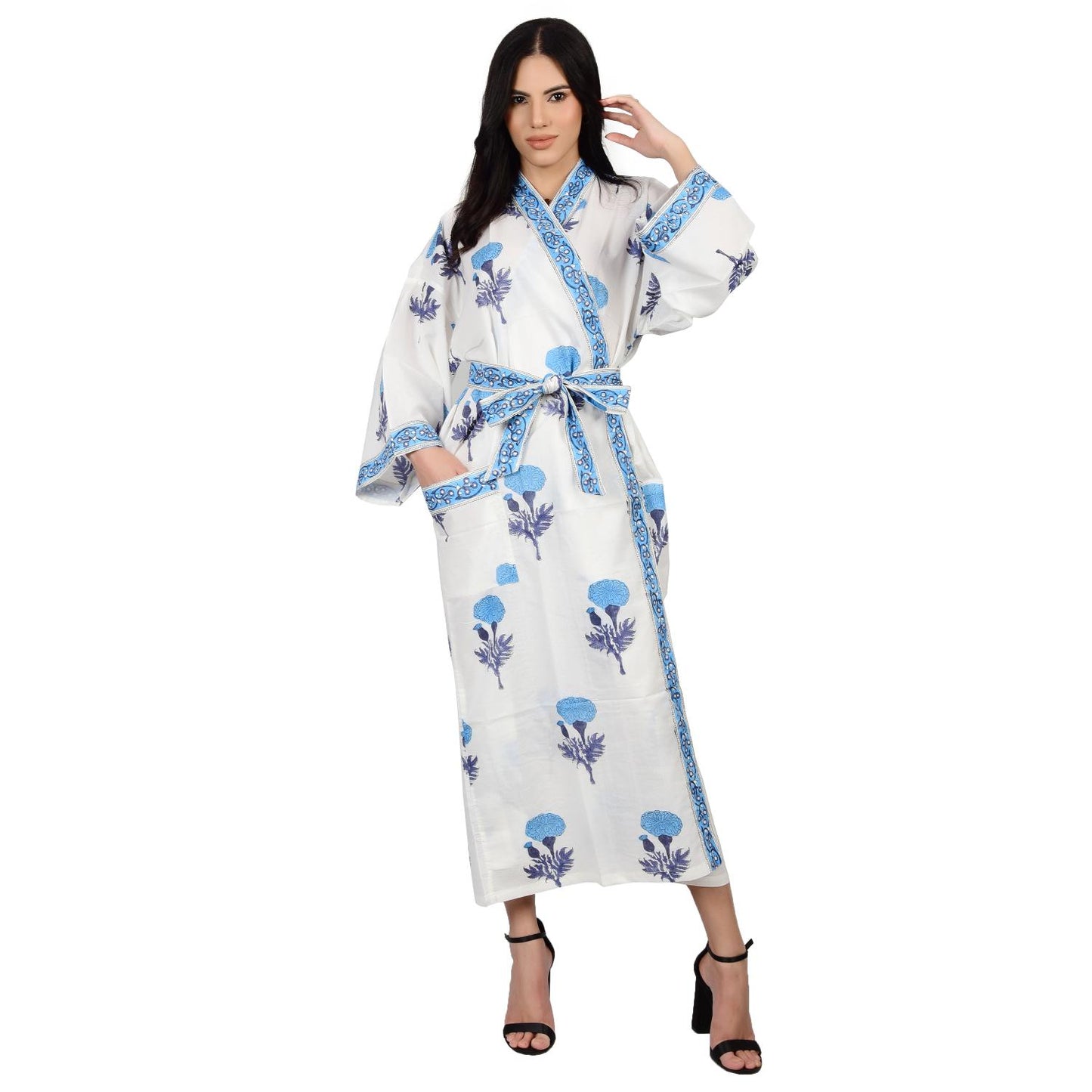 Handblock bedrucktes Sanganeri Jaipuri Florales Damen Kimonokleid Strandkleidung Schlafkleidung Gürtelkleid