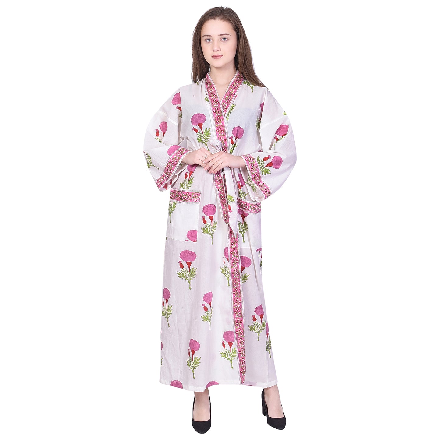 Handblock bedrucktes Sanganeri Jaipuri Florales Damen Kimonokleid Strandkleidung Schlafkleidung Gürtelkleid