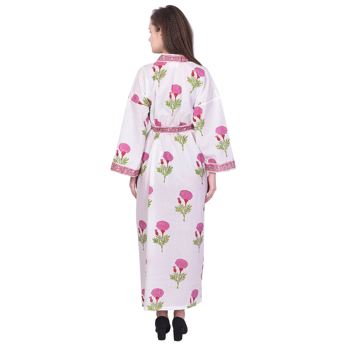 Handblock bedrucktes Sanganeri Jaipuri Florales Damen Kimonokleid Strandkleidung Schlafkleidung Gürtelkleid