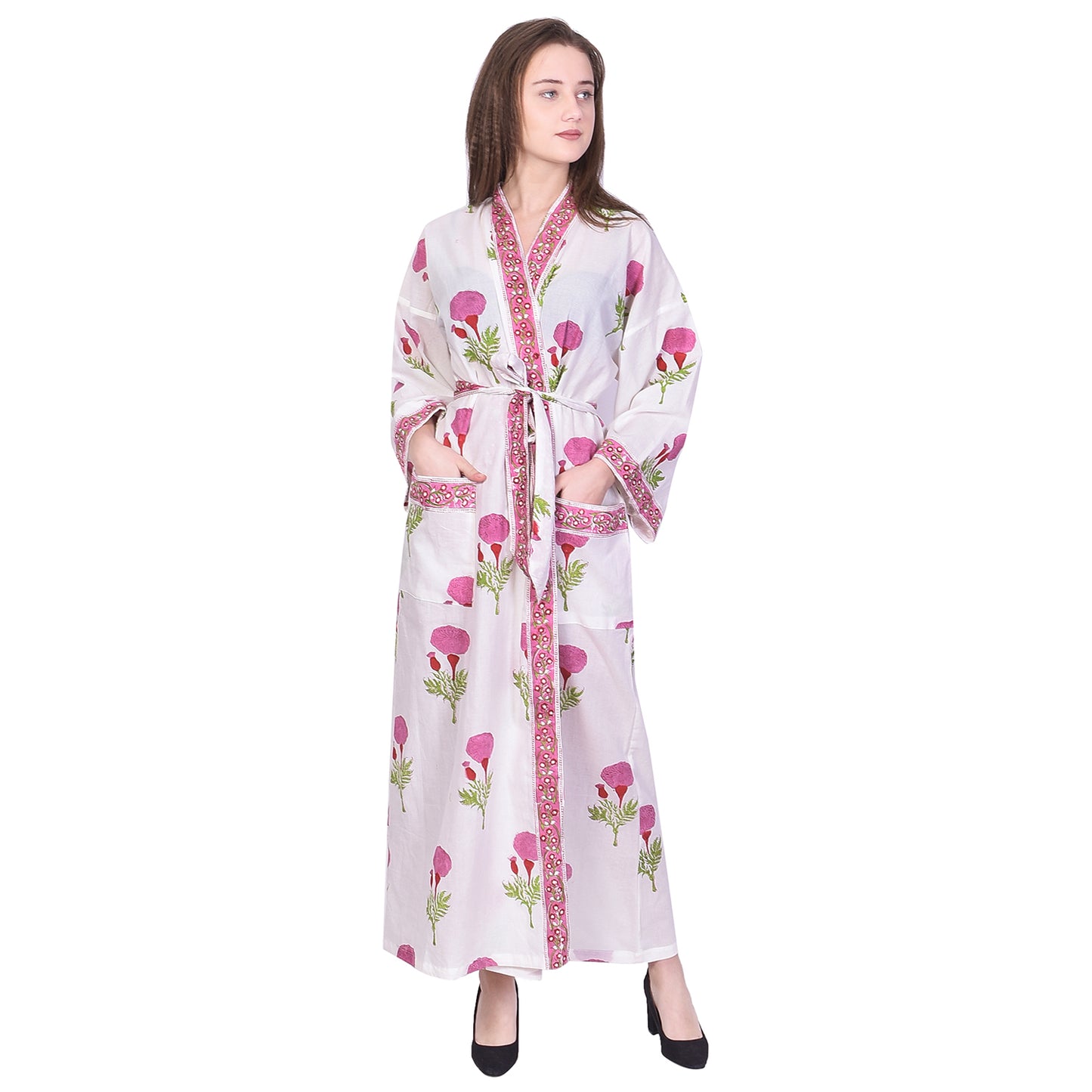 Handblock bedrucktes Sanganeri Jaipuri Florales Damen Kimonokleid Strandkleidung Schlafkleidung Gürtelkleid