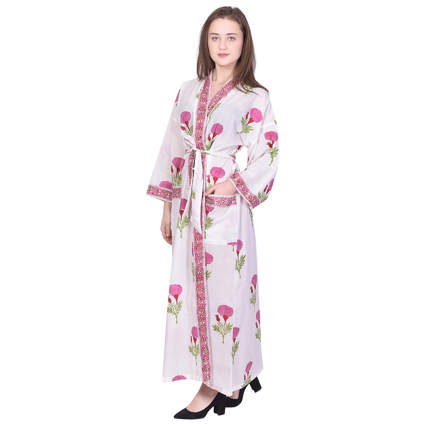 Handblock bedrucktes Sanganeri Jaipuri Florales Damen Kimonokleid Strandkleidung Schlafkleidung Gürtelkleid
