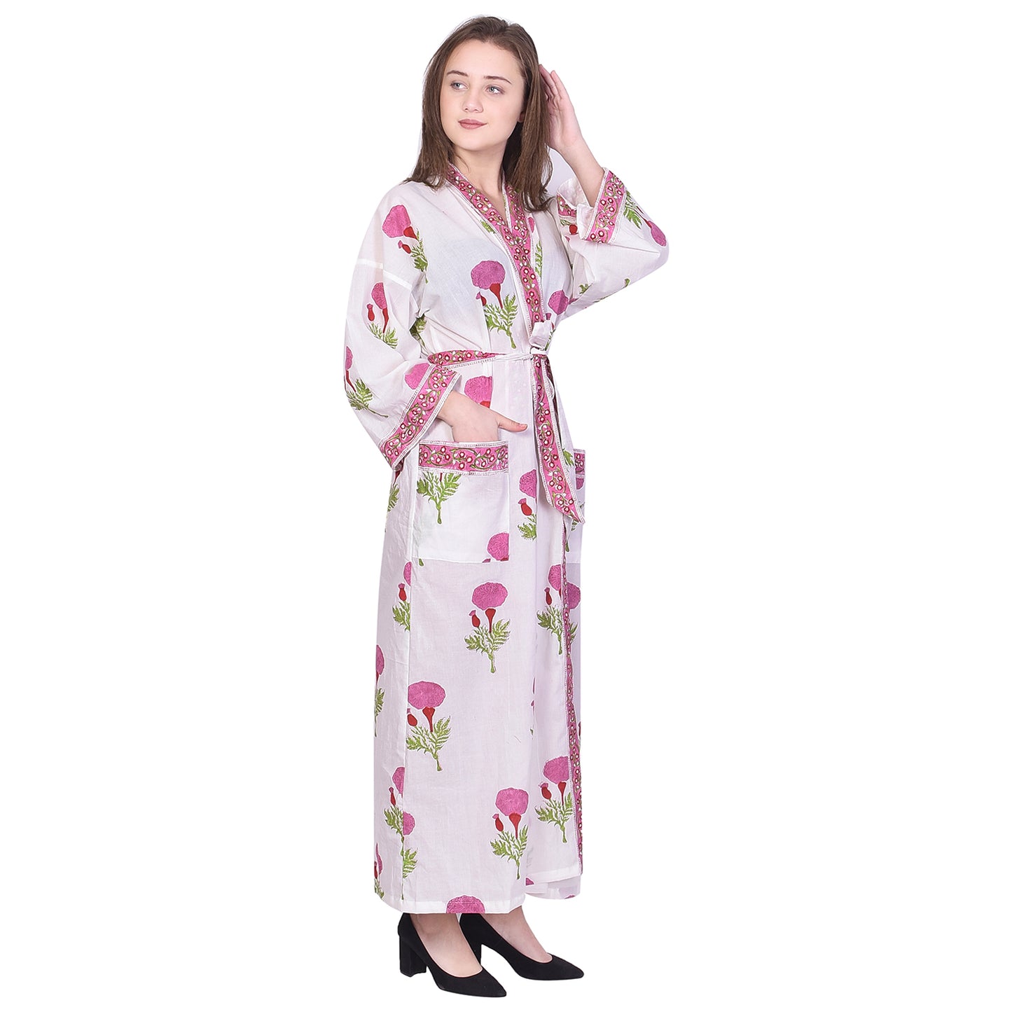 Handblock bedrucktes Sanganeri Jaipuri Florales Damen Kimonokleid Strandkleidung Schlafkleidung Gürtelkleid