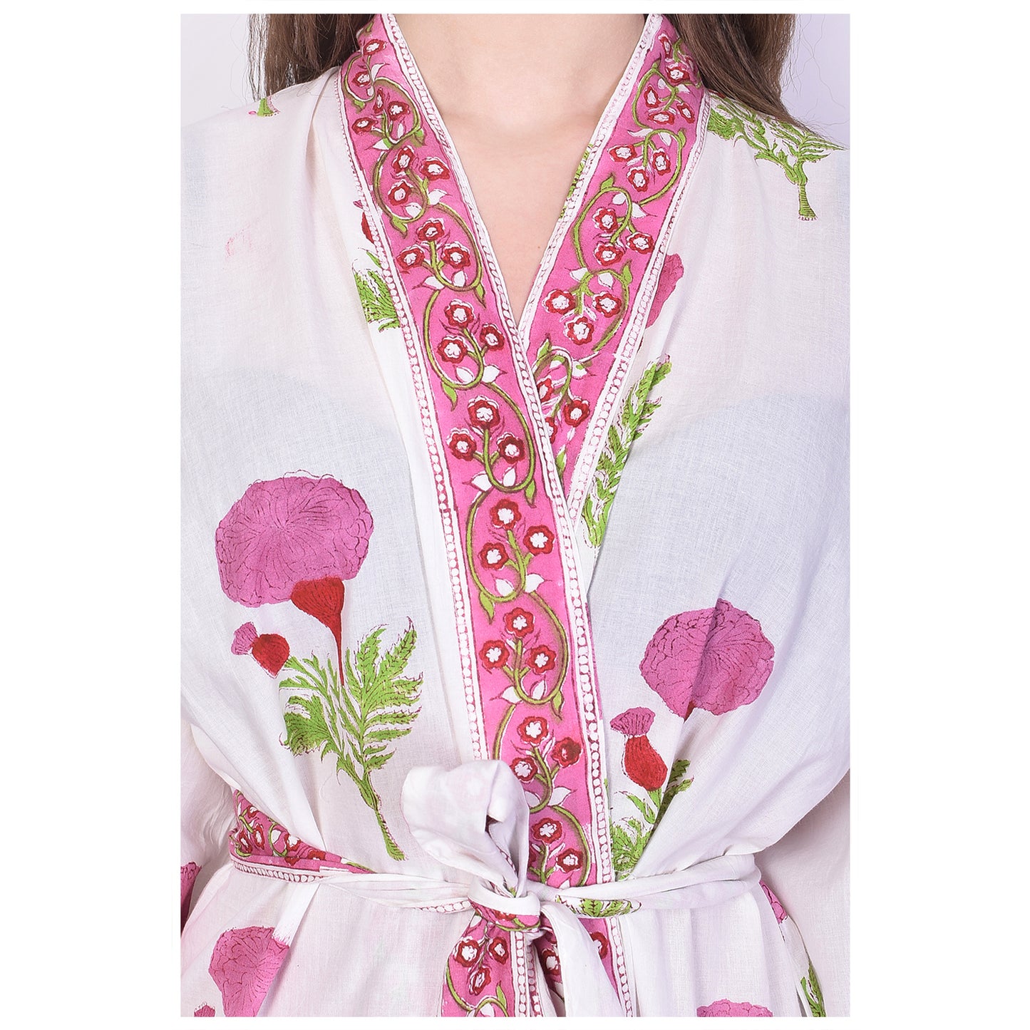 Handblock bedrucktes Sanganeri Jaipuri Florales Damen Kimonokleid Strandkleidung Schlafkleidung Gürtelkleid