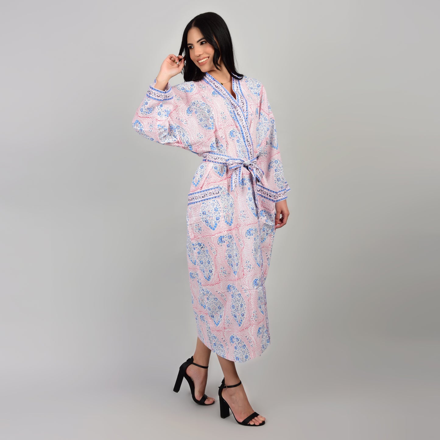 Hand Block Printed Sanganeri Jaipuri Floral Women Casual Kimono Dress Beach wear sleepwear belted dress