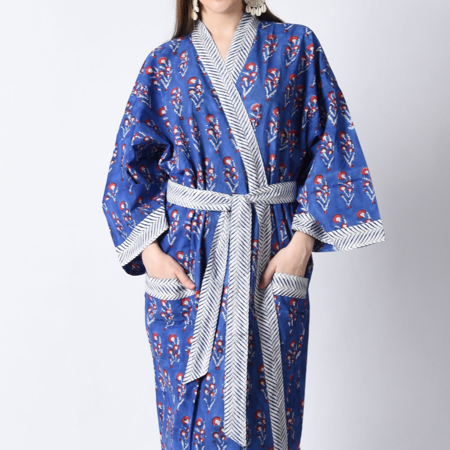 Hand Block Printed Sanganeri Jaipuri Floral Women Casual Kimono Dress Beach wear sleepwear belted dress