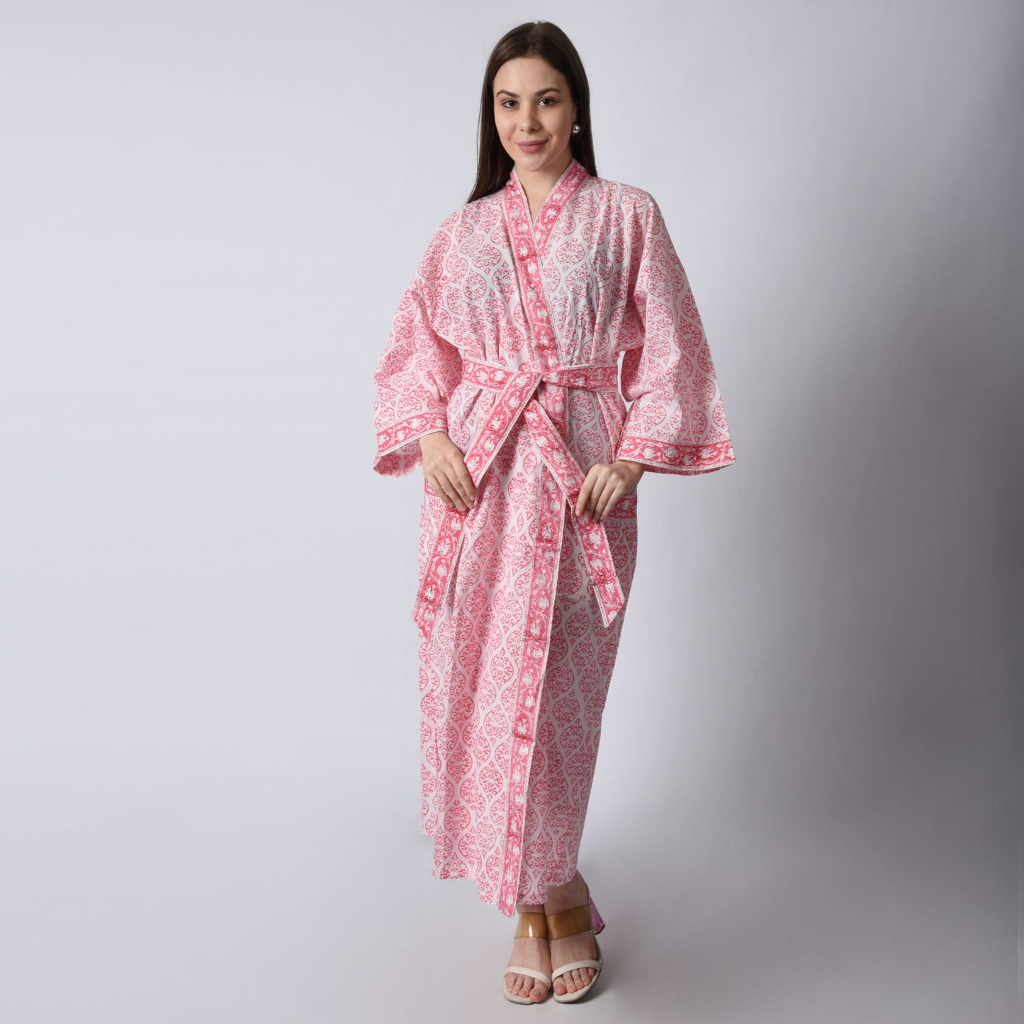 Hand Block Printed Sanganeri Jaipuri Floral Women Casual Kimono Dress Beach wear sleepwear belted dress