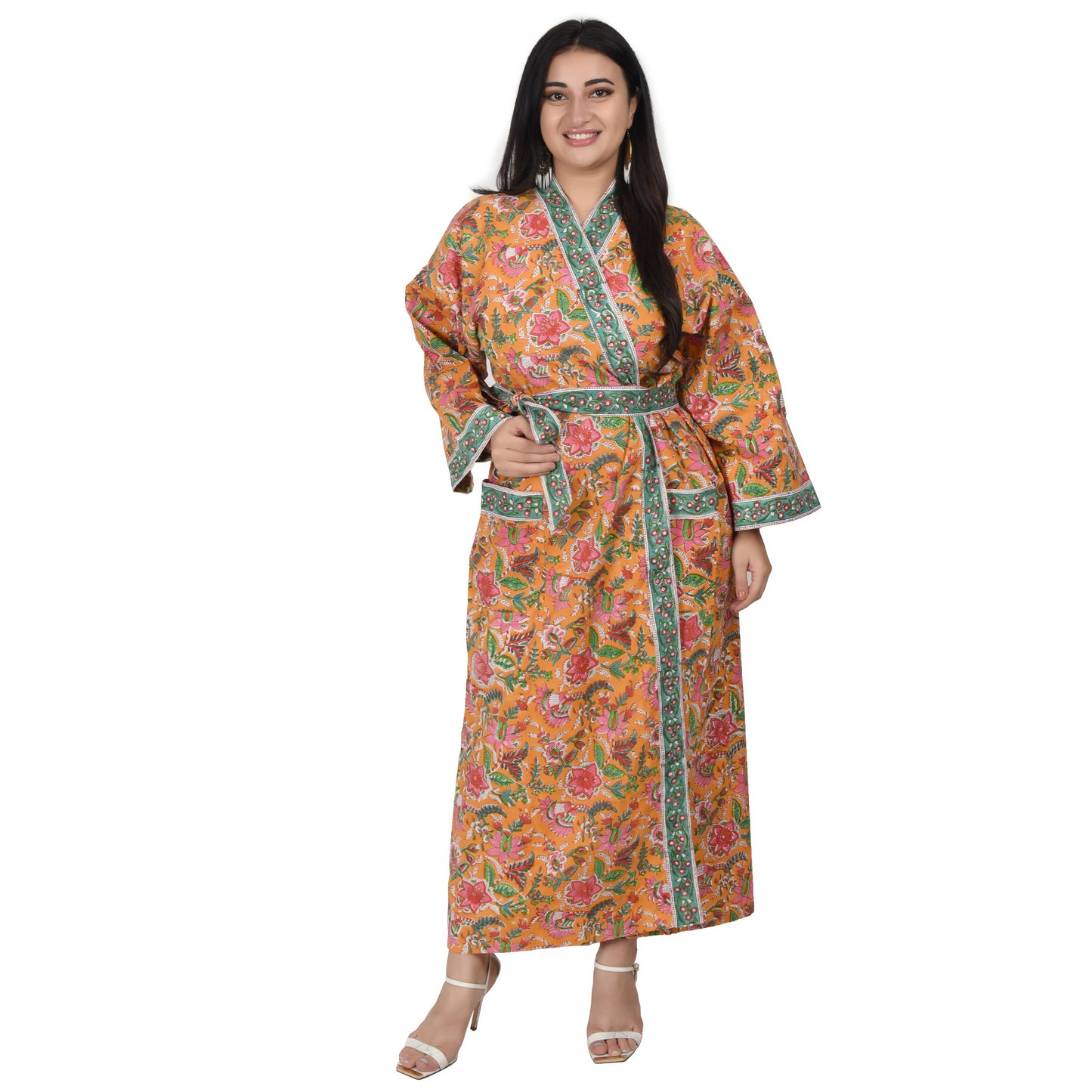 Handblock bedrucktes Sanganeri Jaipuri Florales Damen Kimonokleid Strandkleidung Schlafkleidung Gürtelkleid