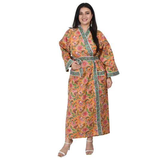 Handblock bedrucktes Sanganeri Jaipuri Florales Damen Kimonokleid Strandkleidung Schlafkleidung Gürtelkleid