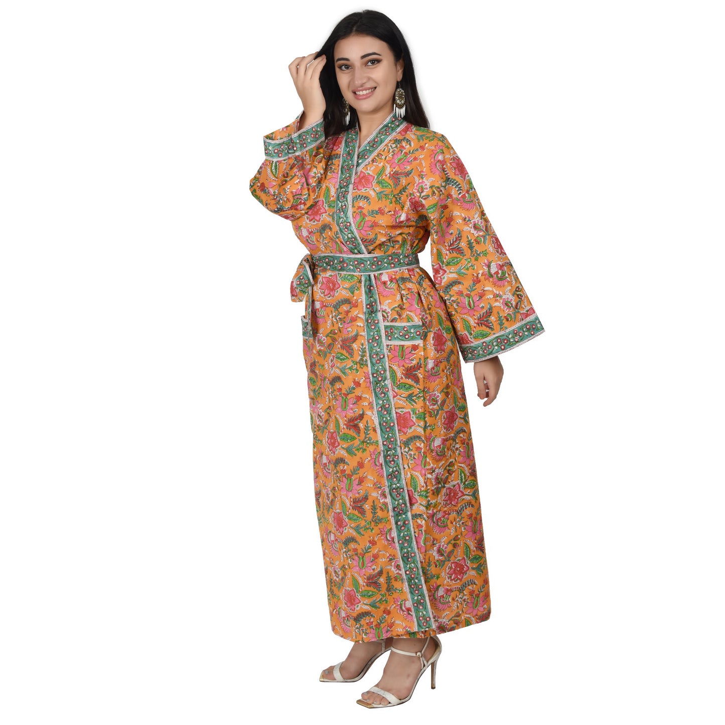 Handblock bedrucktes Sanganeri Jaipuri Florales Damen Kimonokleid Strandkleidung Schlafkleidung Gürtelkleid