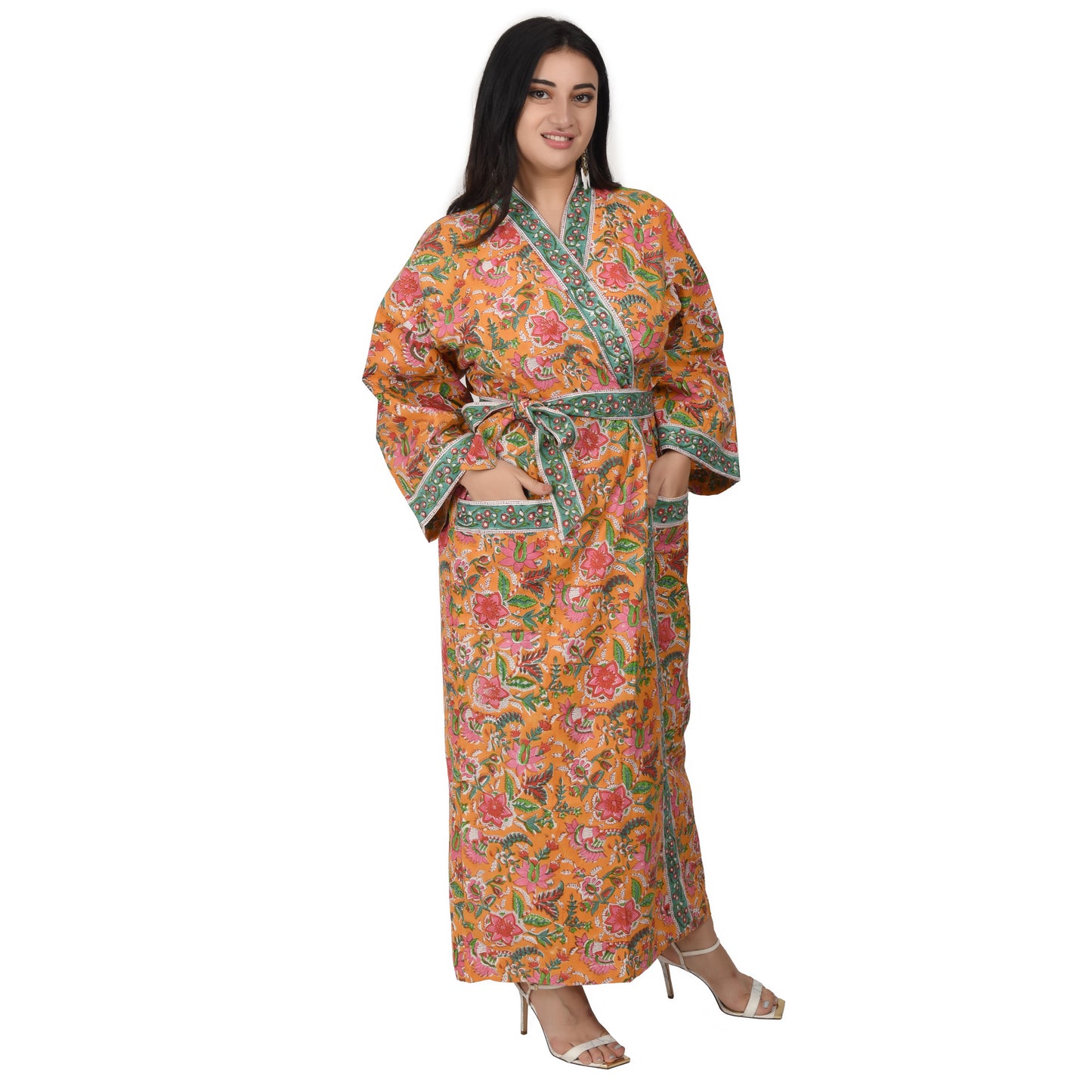 Handblock bedrucktes Sanganeri Jaipuri Florales Damen Kimonokleid Strandkleidung Schlafkleidung Gürtelkleid