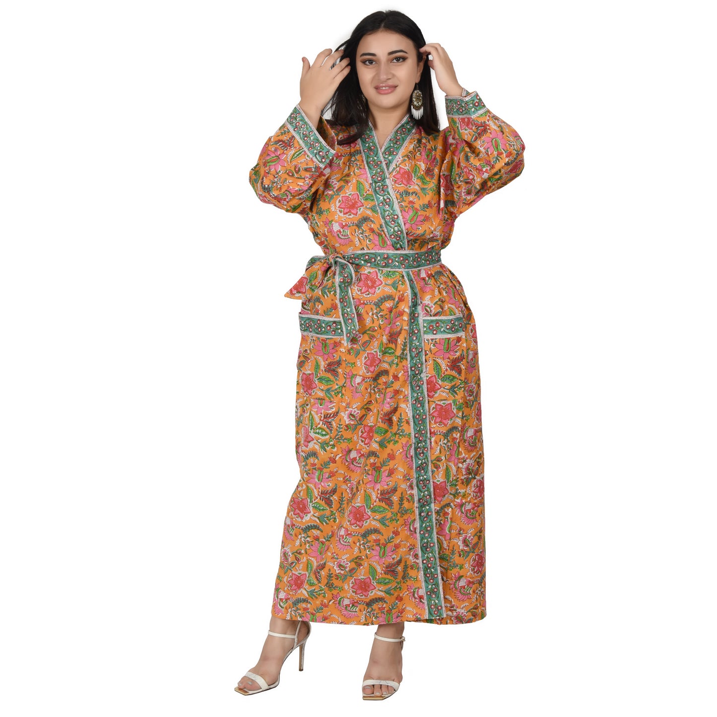 Handblock bedrucktes Sanganeri Jaipuri Florales Damen Kimonokleid Strandkleidung Schlafkleidung Gürtelkleid