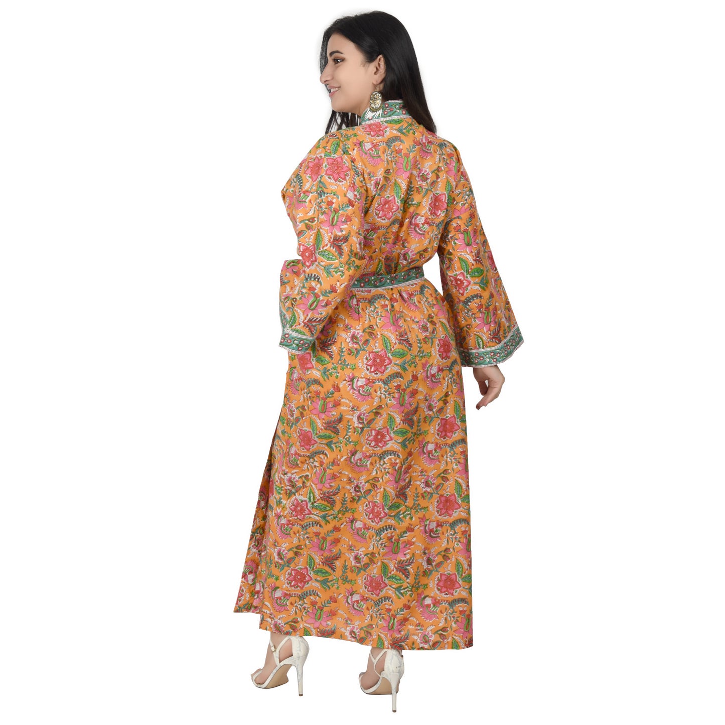 Handblock bedrucktes Sanganeri Jaipuri Florales Damen Kimonokleid Strandkleidung Schlafkleidung Gürtelkleid