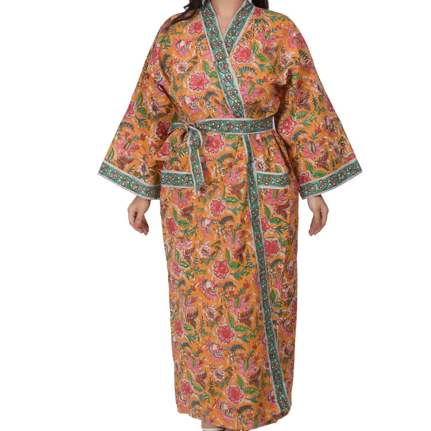 Handblock bedrucktes Sanganeri Jaipuri Florales Damen Kimonokleid Strandkleidung Schlafkleidung Gürtelkleid