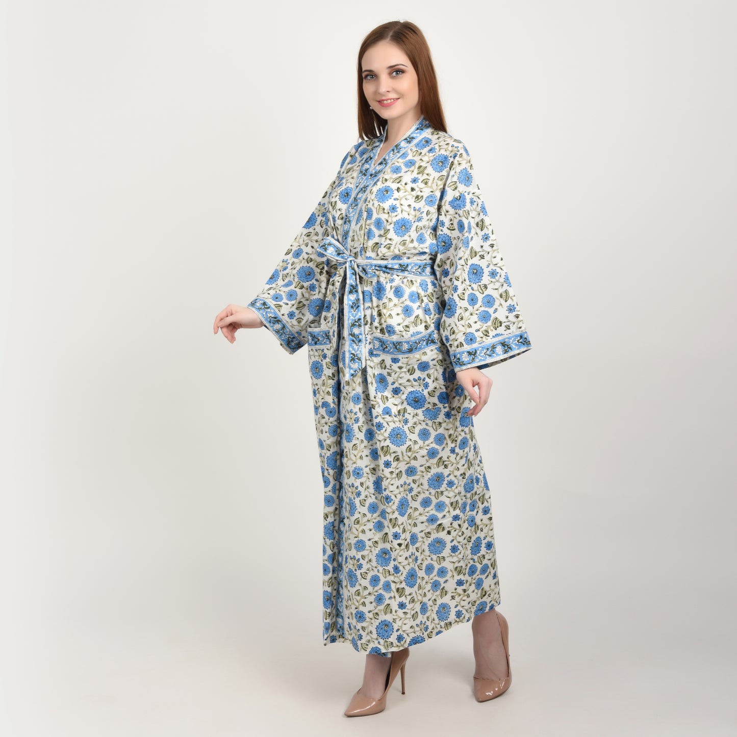 Hand Block Printed Sanganeri Jaipuri Floral Women Casual Kimono Dress Beach wear sleepwear belted dress